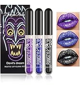 3PCS Black Blue Purple Liquid Glitter Lipstick Glitter Lip Gloss Set,Diamond Shimmer Matte Lipsti...