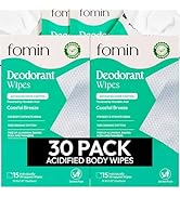 FOMIN Acidified Travel Deodorant Wipes For Women & Men - 30 Count - Coastal Breeze - pH Balanced,...