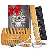 Viking Revolution Beard Comb & Beard Brush Set for Men - Natural Boar Bristle Brush and Dual Acti...