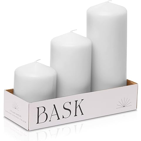 Bask Cone Top Pillar Candles - Elegant White Candles - Set of 3 White Pillar Candles - 3