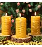 3 Pack Natural Beeswax Pillar Candles,Handmade Pure Beeswax Rolled Candle-60 Hours Long Burning,H...