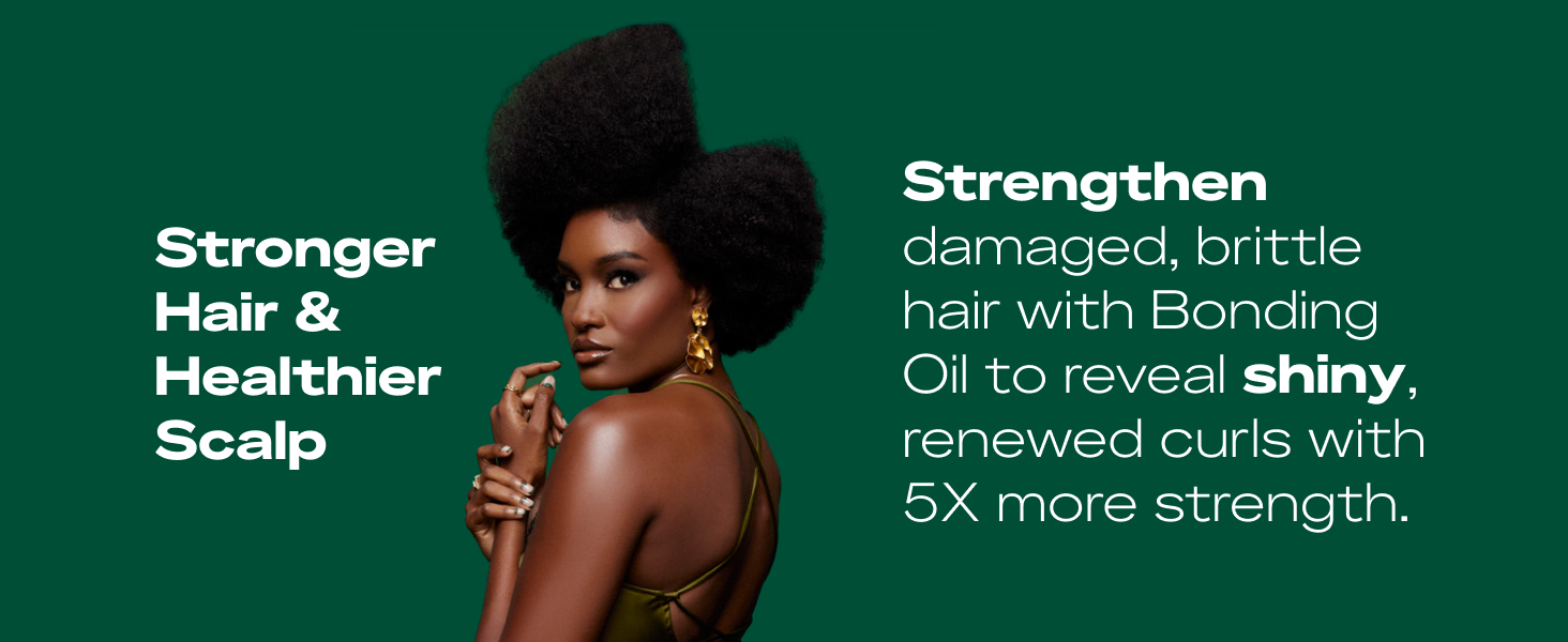 Portrait of black woman with sculpted afro hair on a green background with white text and headline