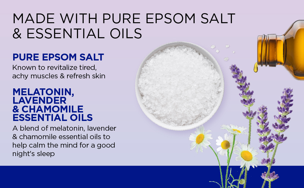ingredients for sleep line, chamomile, essential oils, epsom salt, lavender