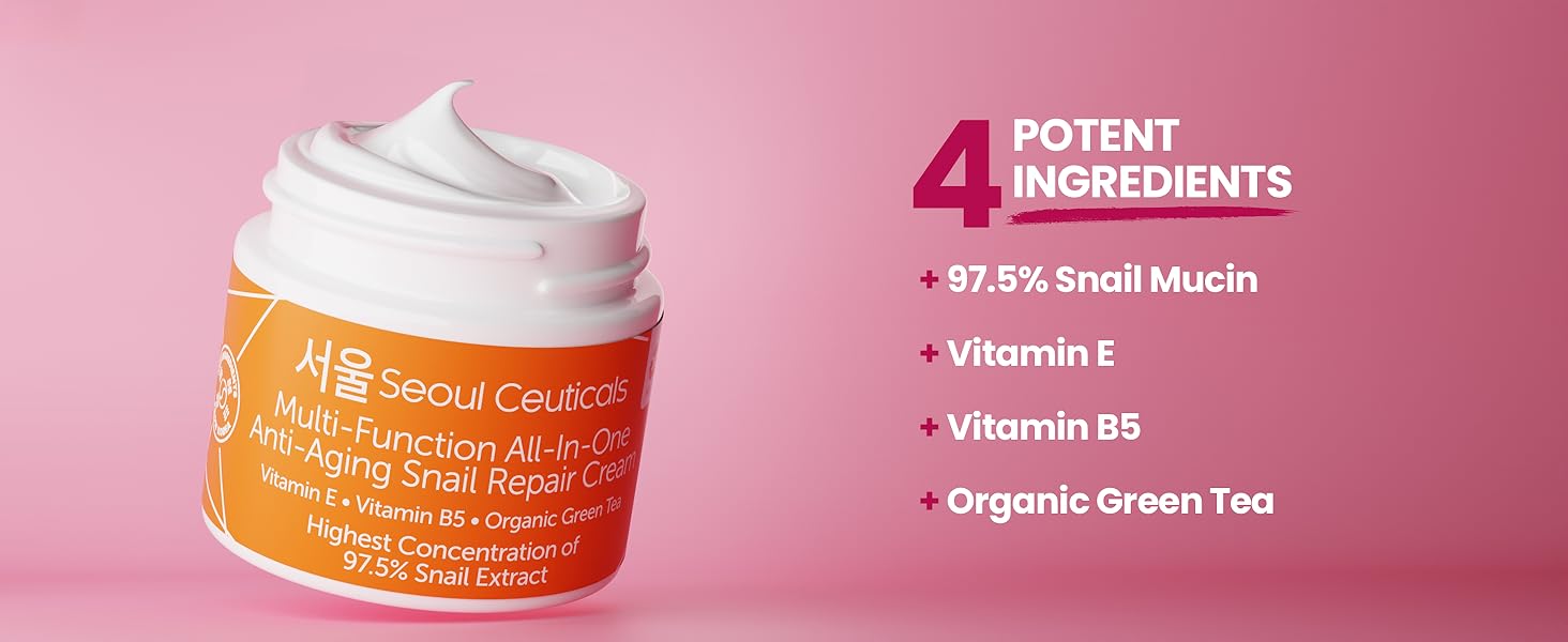 Jar of SeoulCeuticals Korean Snail Mucin Moisturizer listing 4 potent ingredients