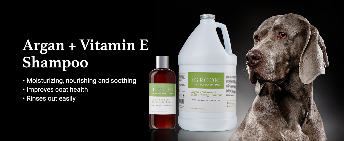 iGroom Argan + Vitamin E Shampoo. Improves coat health. Moisturizing, nourishing and soothing