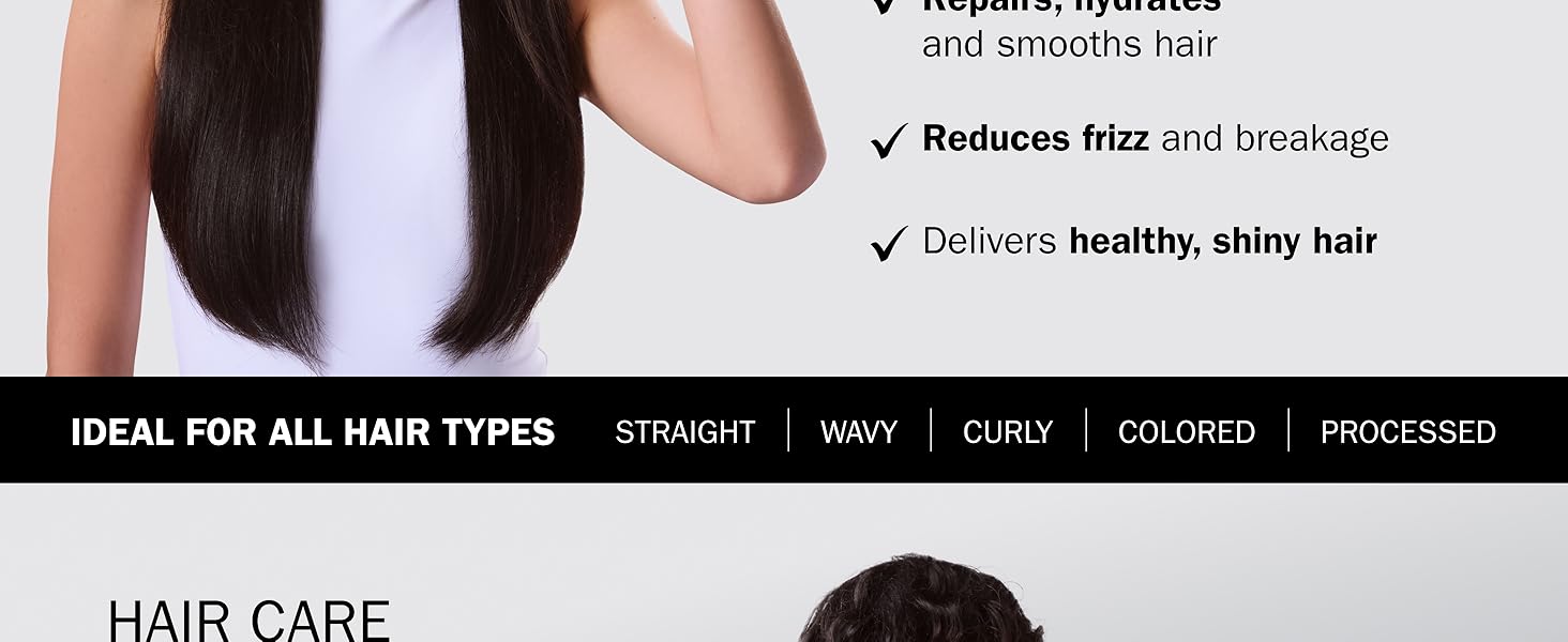repairs, hydrates and smooths hair, reduces frizz and breakage, delivers healthy & shiny hair