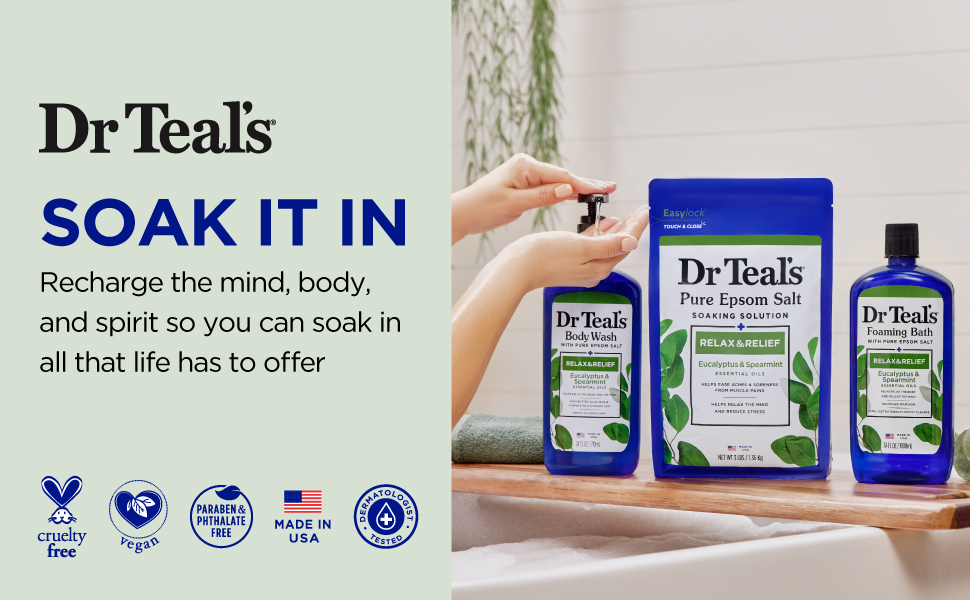 Woman pumping body wash into hand, epsom salt and foaming body wash on wooden bath tray