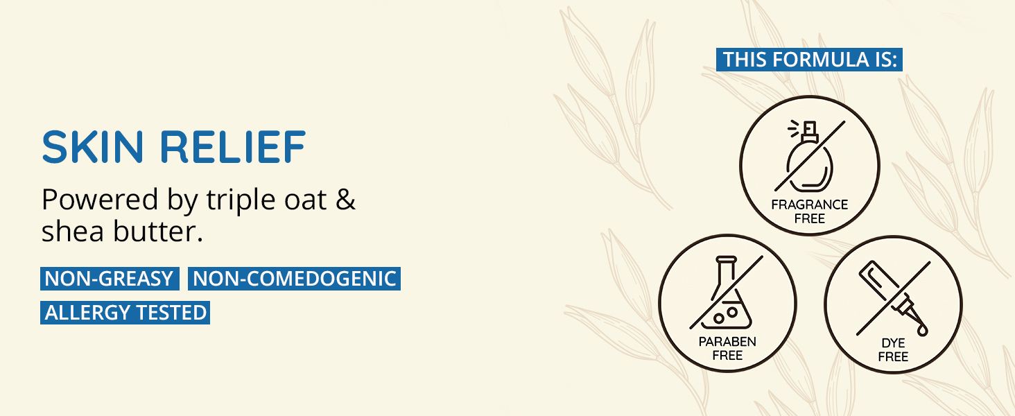 Non-comedogenic, fragrance free Skin Relief body lotion powered by triple oat & shea butter