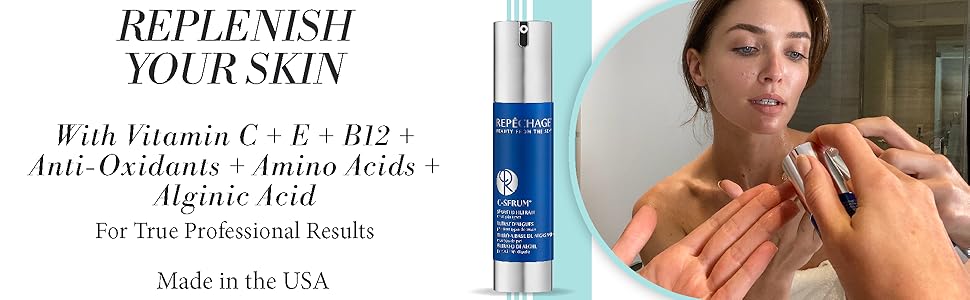 Young woman reflection from mirror pumping Repechage C Serum onto fingerttips