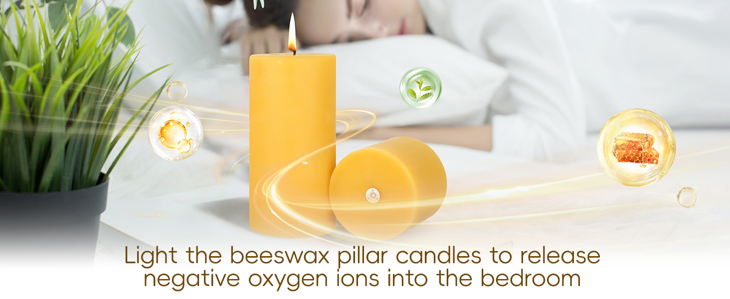 Light the beeswax pillar candles to release negative oxygen ions into the bedroom