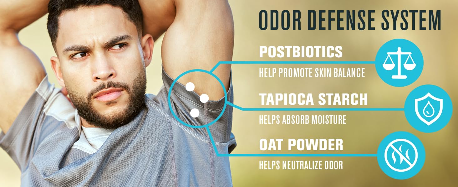 Odor defense system with postbiotics, tapioca starch, oat powder