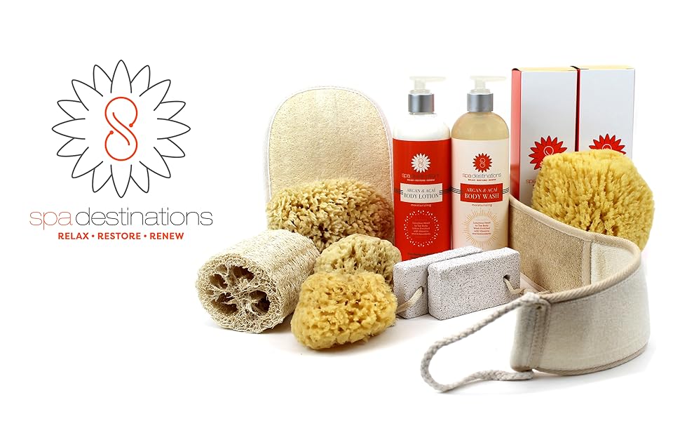 Spa Destinations gift set lotionsunless tanner  loofah sponge facial body wash 