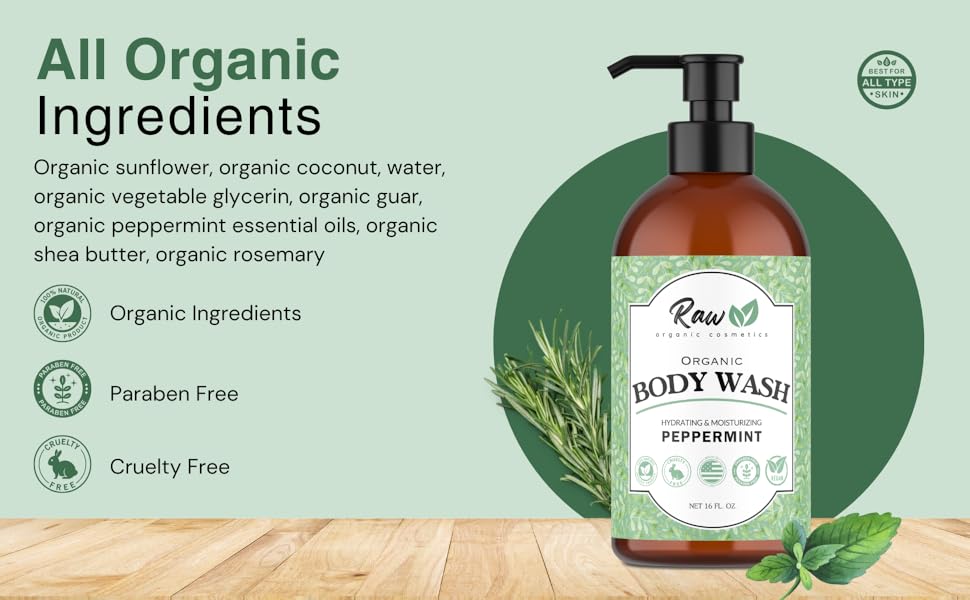 Organic peppermint body wash healthy, plant-based ingredients.