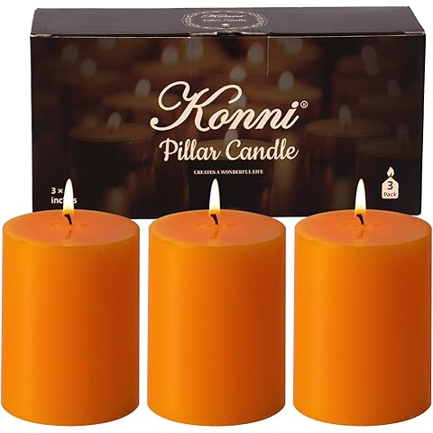 KONNI Orange Pillar Candles Set of 3, 3