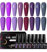 8PCS Gel Nail Polish Kit, Purple Gel Polish Lavender Violets Nail Polish Soak Off LED Nail Art Ma...