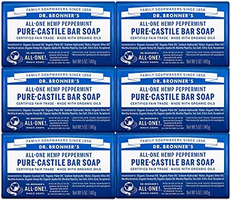 Dr. Bronner's - Pure-Castile Bar Soap (Peppermint, 5 ounce, 6-Pack) - Made with Organic Oils, For Face, Body & Hair, Gentle & Moisturizing, Biodegradable, Vegan, Cruelty-free, Non-GMO