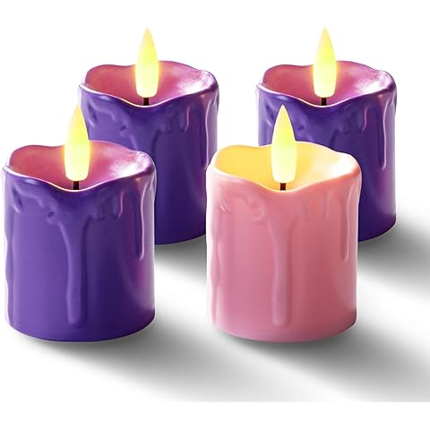 Homemory Purple and Pink Advent Candles Set of 4, 400+ Hours Long Lasting Flickering Flameless LED Votive Candles with Timer, 2