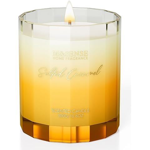 M&SENSE Salted Caramel Fall Scented Candle - 10.6oz Organic Natural Soy Wax Non Toxic 60-Hour Slow Burning Highly Scented Candle for Home Fragrance, Holiday & Thanksgiving