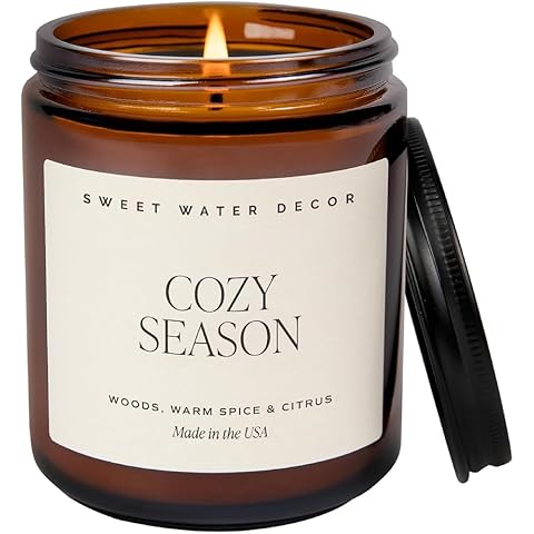Sweet Water Decor Cozy Season Soy Candles - Fall Candles with Woods, Warm Spice, and Citrus Scent for Home Decor - Soy Candle with 40 Hours Burn Time - 9Oz Black Lid Amber Jar Candles Fall Scents