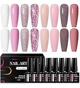 MEET ACROSS 8PCS Gel Nail Polish Set Nude Gel Polish Kit UV LED Soak Off Glitter Nail Polish Gel ...