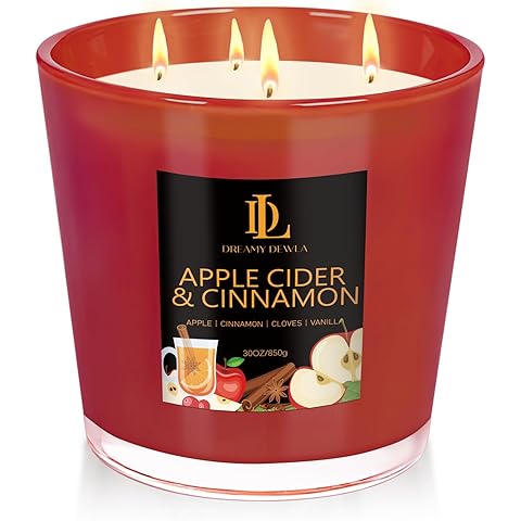 Large Fall Candle Apple Cider & Cinnamon Scented, 4 Wick Natural Soy Candles for Ho...
