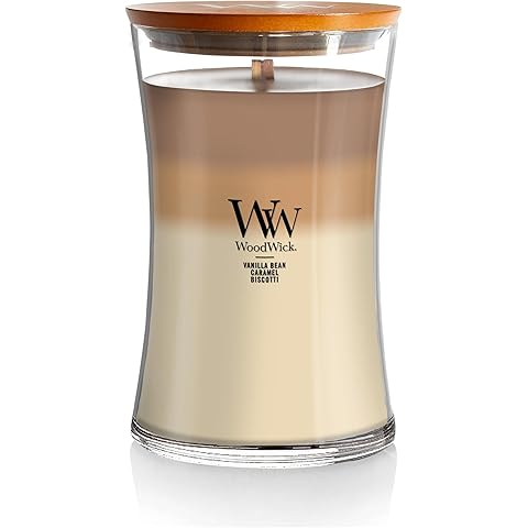 WoodWick Large Hourglass Trilogy Candle, Café Sweets Scented, Premiums Soy Wax Blend, Crackles as it Burns, 21oz