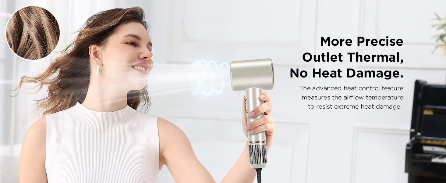Hair Dryer with Diffuser and Nozzle, Low Noise Thermo-Control 