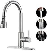 GAGALIFE Brushed Nickel Kitchen Faucet with Pull Down Sprayer - High Arc Stainless Steel Kitchen ...