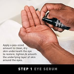 Step 1, Eye Serum, Apply pea-sized amount, restore, tighten, smooth underlying skin