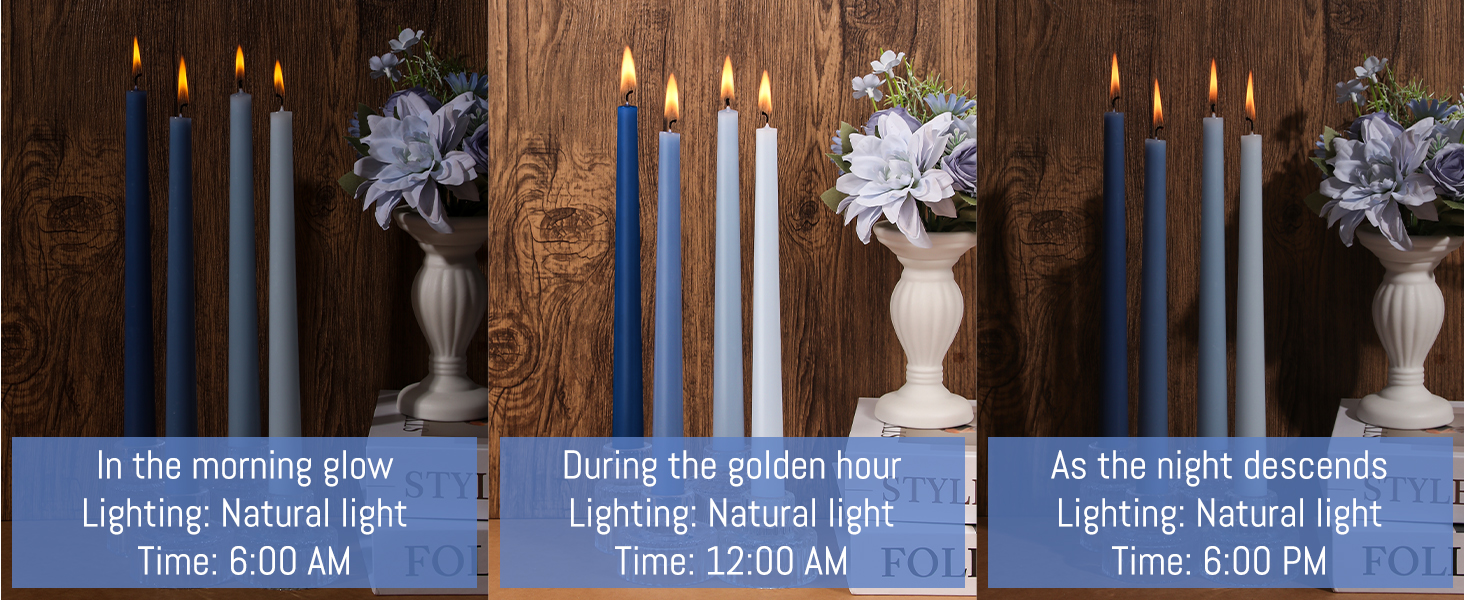 A set of blue tapered candles perfect for fall decor