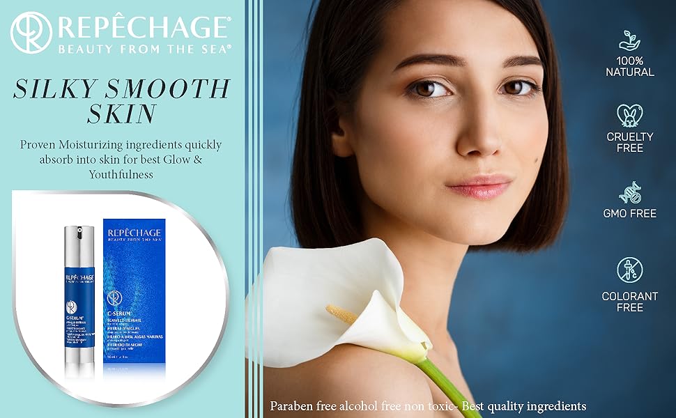 Young woman staring at you with a flower and a product image of Repechage C Serum