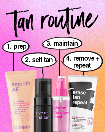tan routine. 1 prep 2 self tan 3 maintain 4 remove and repeat