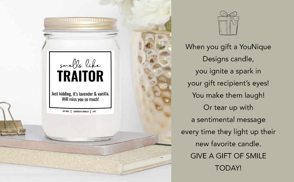 Smells like traitor scented lavender vanilla soy wax white candle for women, 8 oz, gift logo