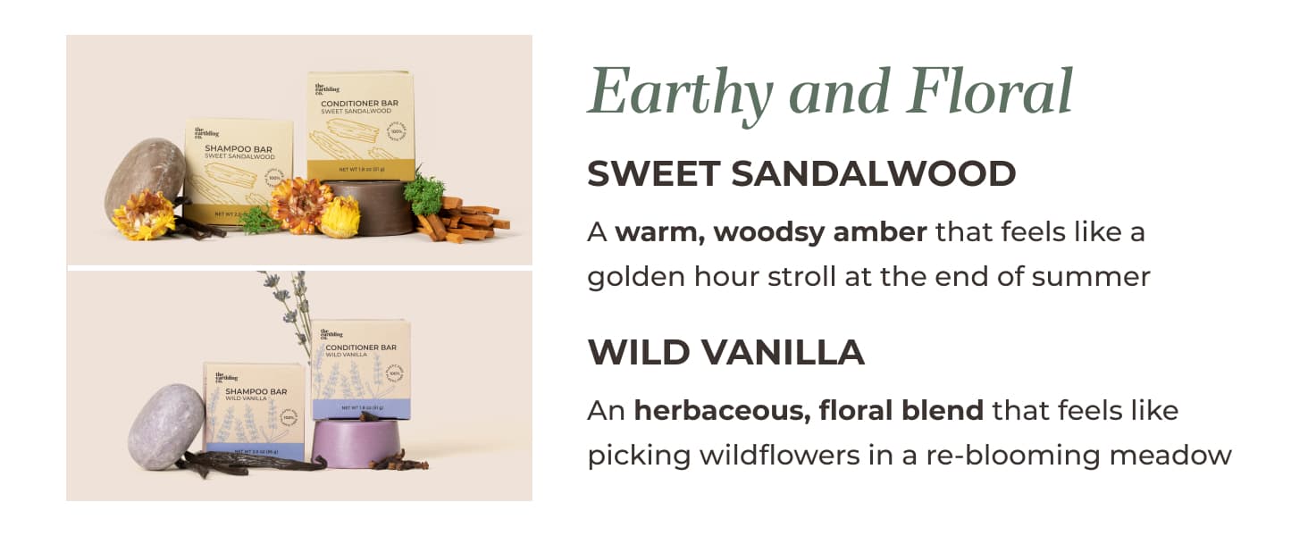 sweet sandalwood and wild vanilla shampoo and conditioner bars (Earthy and floral scents)