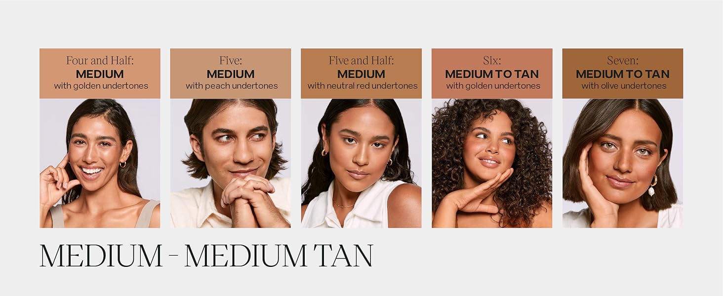 Chart shows shade range and benefits of glowy skin tint with clean makeup ingredients