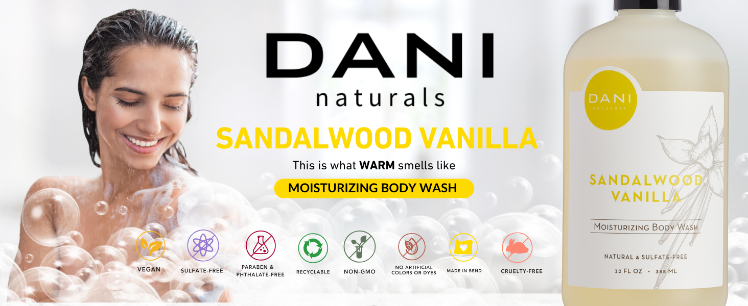 Sandalwood Vanilla moisturizing body wash with warm, soothing scent for soft skin