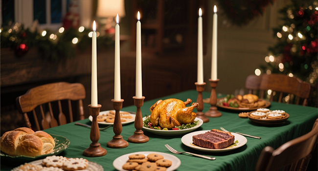 Elegant taper candles paired with festive décor bring a warm, joyful glow to the Christmas table