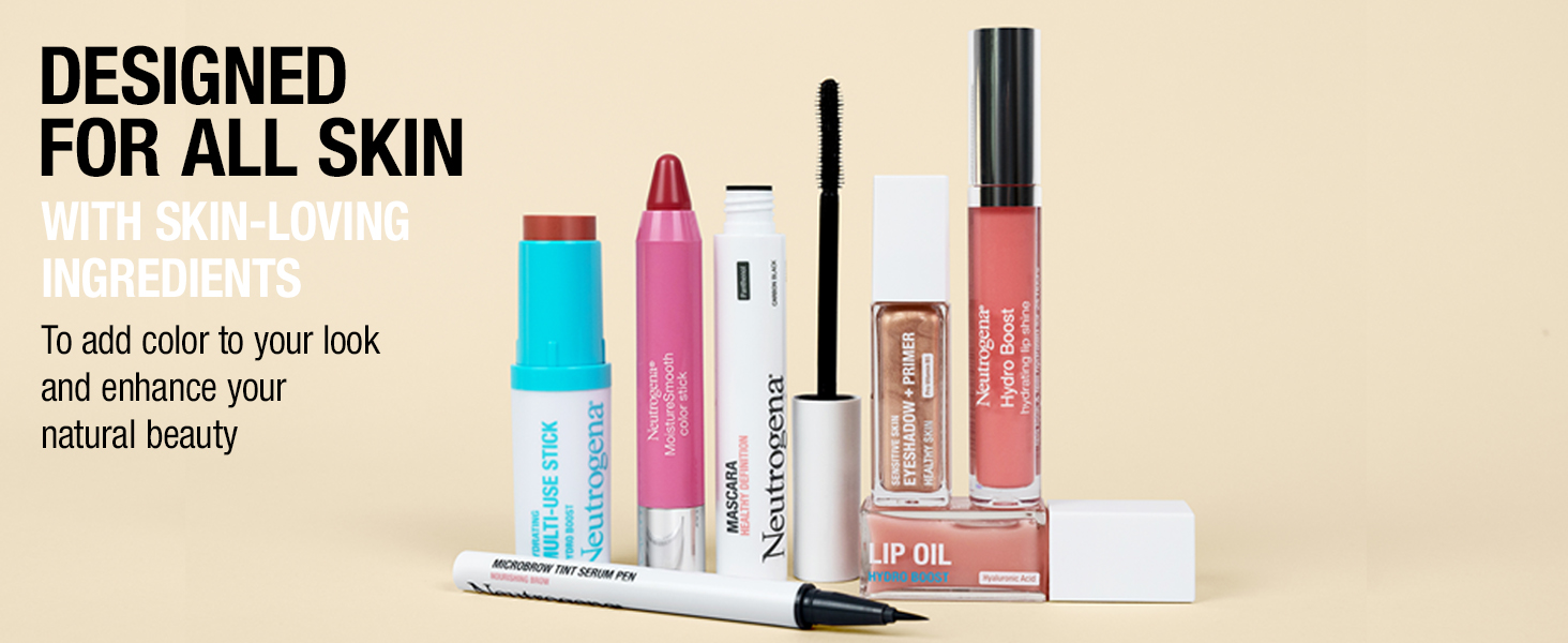 Neutrogena makeup products group on yellow background designed for all skin types