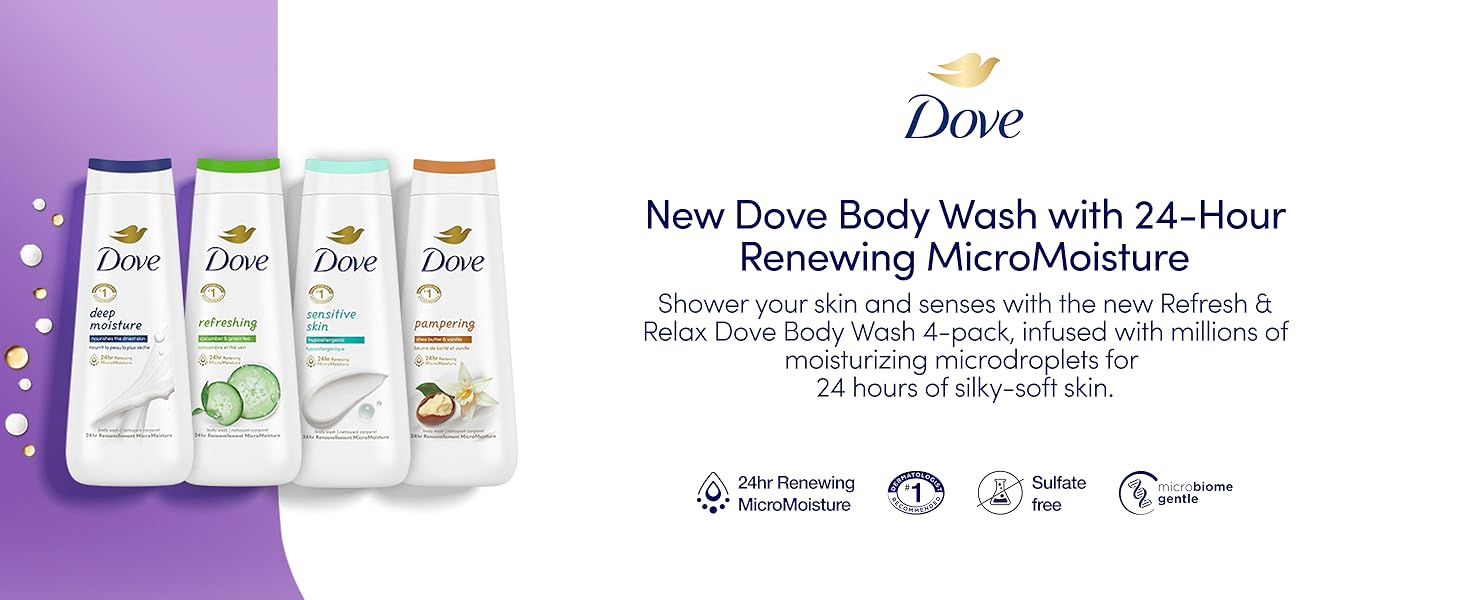Four Dove Body Wash bottles on a purple and white background with gold and white droplets and text.