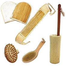 Bath loofah mitt cloth strap handle stick detachable dry brush lymph cellulite circulation wood