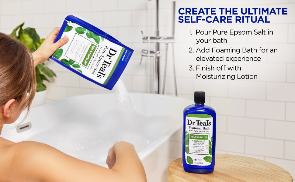 woman pouring eucalyptus epsom salt into bathtub, bottle of eucalyptus foaming bath on side table