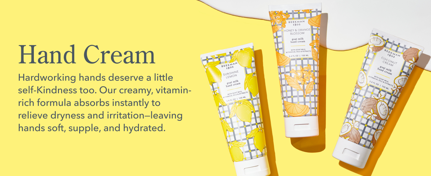 Beekman 1802 Hand Cream Collection of 3 scented hand creams on yellow background with goat milk