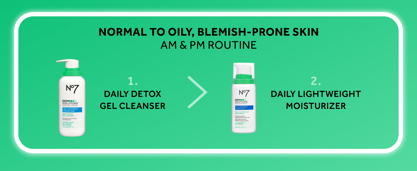 routine for oily, blemish-prone skin, use daily detox gel cleanser and daily lightweight moisturizer