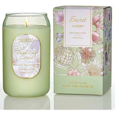 M&SENSE Aromatherapy Green Soy Scented Candle - Fresh Sage Citrus Scent, 10.6 oz, 60-Hour Burn,Clean Stress Relief Candles Gift for Birthday,Valentine's Day,Mother Day