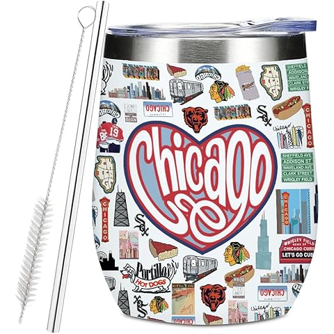 Chicago Travel Gift Wine Tumbler, 12 oz Tumbler with Lid, Straw Insulated Wine Glas...