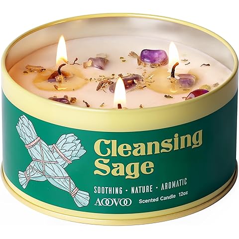 AOOVOO Sage Candle for Cleansing - 3 Wick 12oz Large Scented Candle with Crystals & Sage Leaves Inside, Soy Candles Non Toxic for Meditation Spiritual Gift, Aromatherapy Candle for Women Men