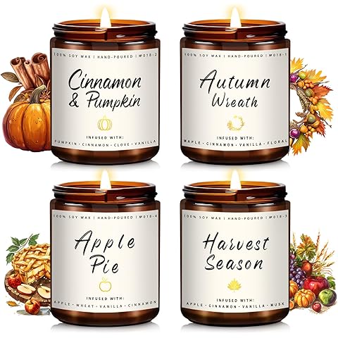 Auelife Fall Candle Set | 4 Pack Scented Candles for Home - Candle Gifts for Women Men, Soy Candles Home Scented | Autumn Fragrance of - Apple Pie/Cinnamon/Harvest/Wreath