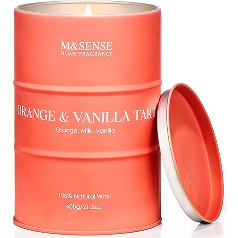 M&SENSE Orange Vanilla Tart Candles for Home Scented.Large Organic Soy Candle Clean Non Toxic 21.2oz 120 Hours Long Lasting Burning, Highly Scented Citrus Smelling Candles Cozy Room Decor