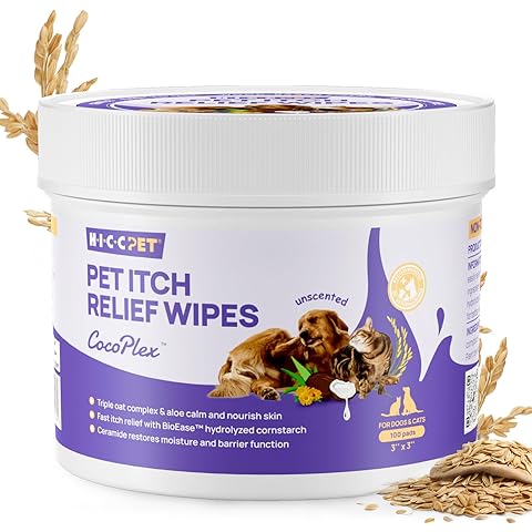 HICC PET Itch Relief Wipes for Dogs & Cats, Rapidly Relieves Itching, Soothes Hot Spots and Skin Irritations, Hypoallergenic Hot Spot Treatment Cleaning Wipes, Alleviate Dry Itchy Skin - 100 Count