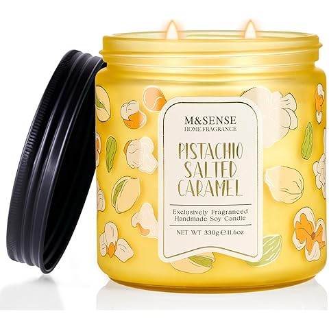 M&SENSE Pistachio Caramel Scented Candle, 11.6oz Natural Soy Wax Non Toxic, 2 Wick Jar Candle, Up to 70 Hours Clean Burn, Housewarming Gift for Women, Nutty Sweet Aroma for Home Office Comfort